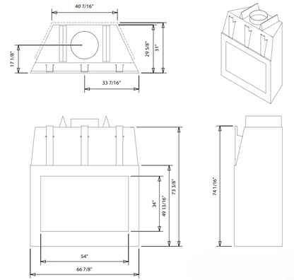 Technical drawing of Montigo Wildfire wood burning fireplace insets on a white background.