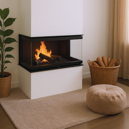 In-wall Dorako Eco Max 7 Three open sided glass view wood burning fireplace with visible flame in a modern living room setting with a plant, basket of bread, and pouf.