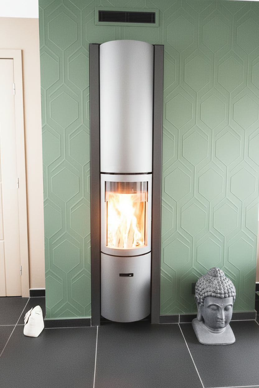 Modern freestanding stove with visible flames inside, placed against a white wall. Modern fireplace with a basket of wood on a red and gray wall STUV Modern MCM Fireplace Cylinder fireplace Modern floating fireplace with steel plate for low clearance zero clearance fireplace background Flue Pipe Duravent