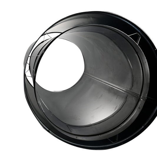 A close-up inner opening view of duratech II chimney pipe showing a circular black metal wall. Exceptional factory-built all-fuel chimney pipe, lightweight design, double-wall, air-cooled chimney system for use with masonry fireplaces which burn wood, oil, coal, or gas.