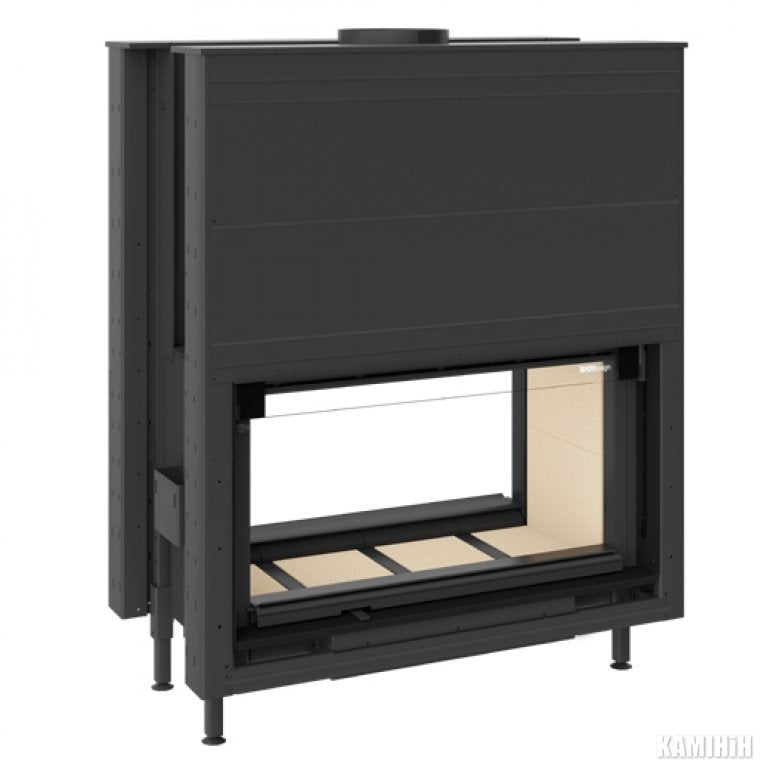 Dorako Linea H 1180 Double sided glass wood burning indoor wall built-in fireplace with visible log burning flame in a modern living room. High-efficiency  see through wood stove with, Mid century modern Fireplace, A energy class fireplace, room divider fireplace. This fireplace is similar to; Majestic 42" Designer See-Thru Radiant Wood Burning Fireplace, Majestic Designer Series 42-Inch See-Through Wood Burning Fireplace, Invicta Aaron 36" See-Through Contemporary Cast Iron Wood Burning Stove.
