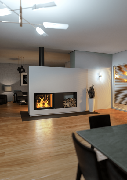Dorako Linea Double sided glass wood burning indoor wall built-in fireplace with visible log burning flame in a modern living room. High-efficiency  see through wood stove with, Mid century modern Fireplace, A energy class fireplace, room divider fireplace. This fireplace is similar to; Majestic 42" Designer See-Thru Radiant Wood Burning Fireplace, Majestic Designer Series 42-Inch See-Through Wood Burning Fireplace, Invicta Aaron 36" See-Through Contemporary Cast Iron Wood Burning Stove.
