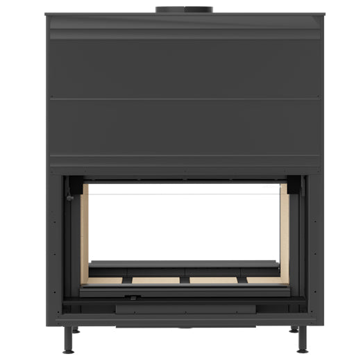 Dorako Linea H 1880 Double sided glass wood burning indoor wall built-in fireplace with visible log burning flame in a modern living room. High-efficiency  see through wood stove with, Mid century modern Fireplace, A energy class fireplace, room divider fireplace. This fireplace is similar to; Majestic 42" Designer See-Thru Radiant Wood Burning Fireplace, Majestic Designer Series 42-Inch See-Through Wood Burning Fireplace, Invicta Aaron 36" See-Through Contemporary Cast Iron Wood Burning Stove.
