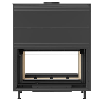 Dorako Linea H 1880 Double sided glass wood burning indoor wall built-in fireplace with visible log burning flame in a modern living room. High-efficiency  see through wood stove with, Mid century modern Fireplace, A energy class fireplace, room divider fireplace. This fireplace is similar to; Majestic 42" Designer See-Thru Radiant Wood Burning Fireplace, Majestic Designer Series 42-Inch See-Through Wood Burning Fireplace, Invicta Aaron 36" See-Through Contemporary Cast Iron Wood Burning Stove.