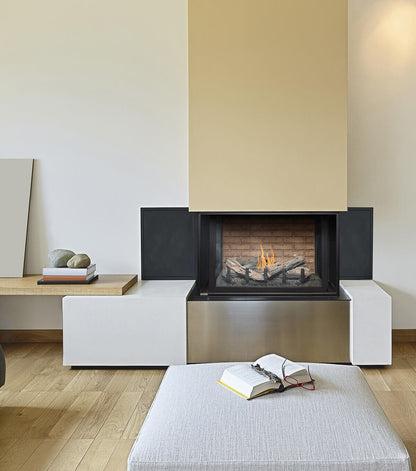 3 sided direct vent Montigo divine H38PR Bay Gas Fireplace Inserts into a wall in a traditional hearth fireplace style with visible log burning media.
No need to chop, stack, or dry firewood. Gas fireplaces are incredibly easy to use and it offer the look of a wood fireplace with Remote control options making this the ultimate in heating convenience.
This product is similar to Sierra Flame Toscana 38" Three Sided Gas Burning Fireplace, 3 Sided Glass Open View Wide Angle Glass Fireplace by KFD, Dimplex