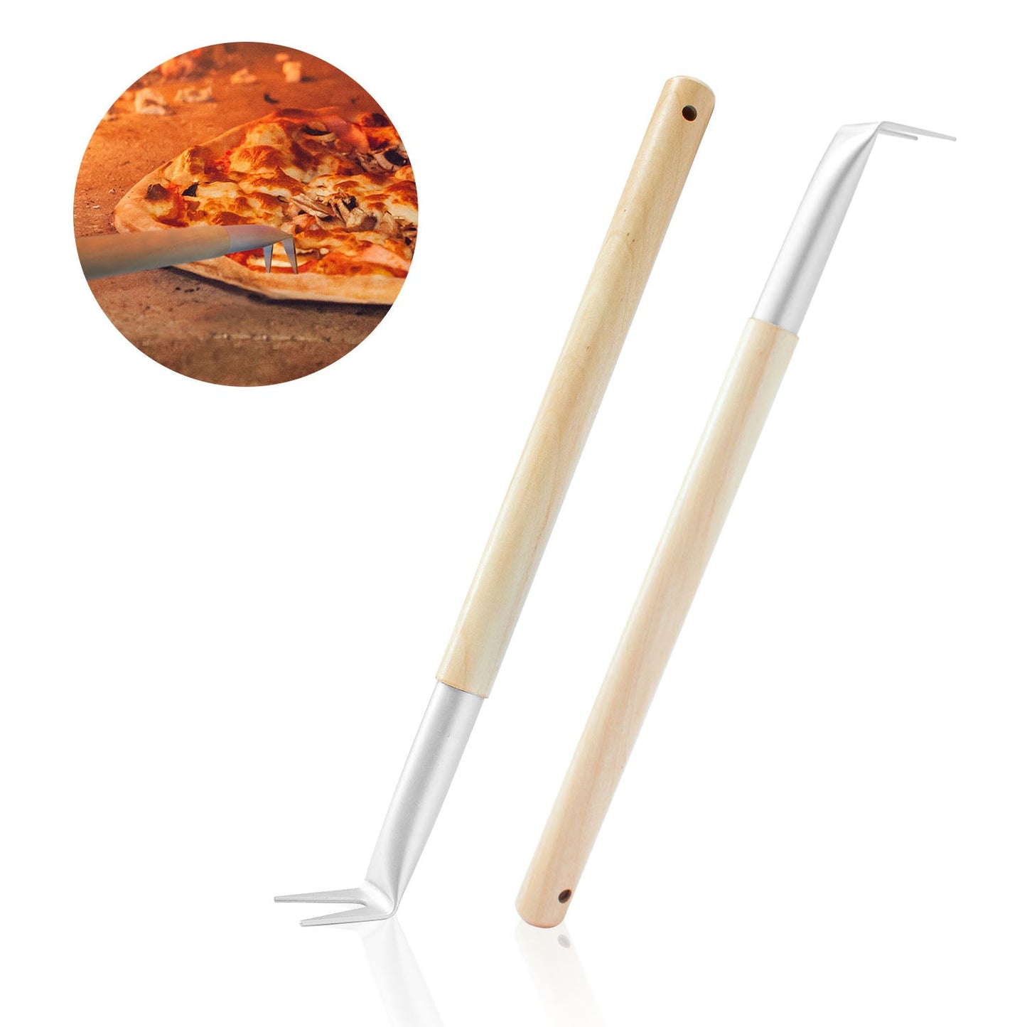 ALUMINUM 17.5 INCH PIZZA SPINNER TURNING FORK WITH WOODEN HANDLE AND LEATHER STRAP (2-PACK), PIZZA TURNER, PIZZA BUBBLE POPPER - OUTDOOR PIZZA OVEN ACCESSORIES