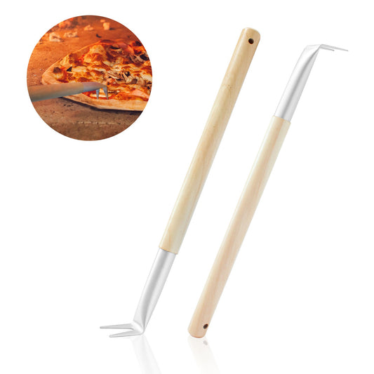 ALUMINUM 17.5 INCH PIZZA SPINNER TURNING FORK WITH WOODEN HANDLE AND LEATHER STRAP (2-PACK), PIZZA TURNER, PIZZA BUBBLE POPPER - OUTDOOR PIZZA OVEN ACCESSORIES