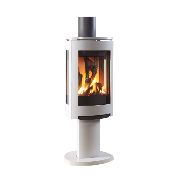 Modern Linen  freestanding Jotul GF 370 DV Gas stove with visible flames on a white background