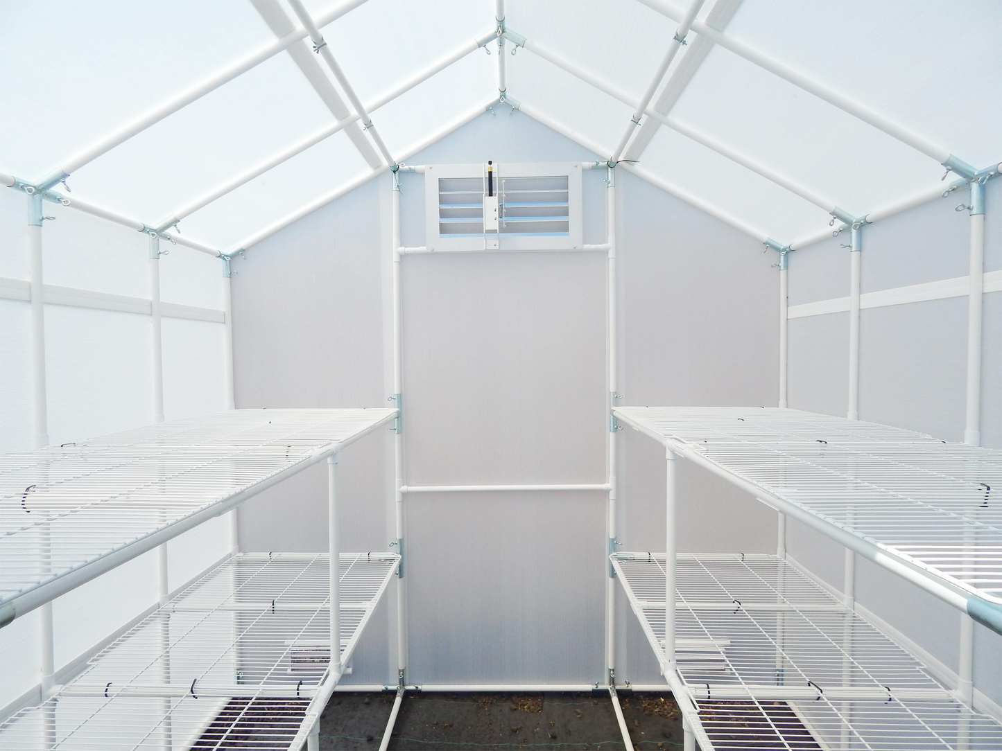 Inside view of 8' x 24' solexx garden master small greenhouse with four bench frame  and auto open louver