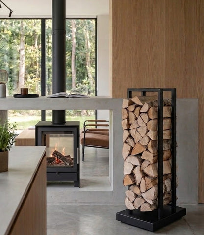 Modern kitchen with a fireplace and wood rack, surrounded by natural light. stuv grey log rack modern wood stove log holder black log holder STUV Living Room Wood Burning Free Standing Fireplace Wood Rack 