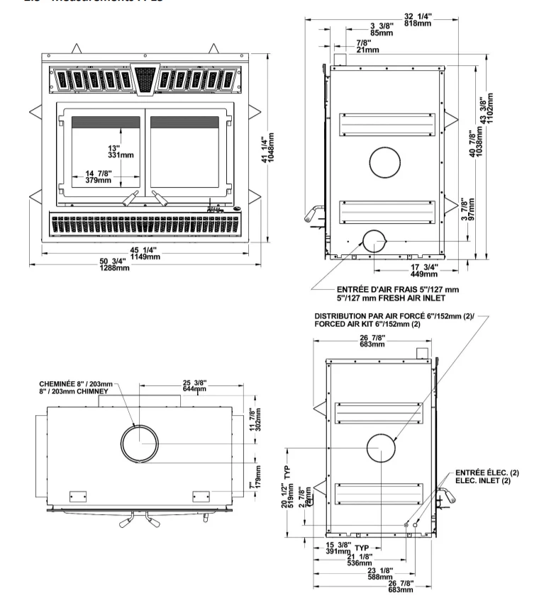Technical drawing of Valcourt Waterloo wood burning wall built-in fireplace with visible wood burning flame in a modern living room, 95,000 BTU/h High efficiency modern indoor wood fireplace with 1,000 -2,800 square feet heating area. Lab tested fireplace and this fireplace is similar to, Valcourt Dallaire II Wood Burning Fireplace fp18r, Osburn Stratford II Wood Fireplace, Napoleon Oakdale Wood Burning Fireplace Insert, True North Tn20 Wood Burning Fireplace Insert, Empire Stove Archway 2300.