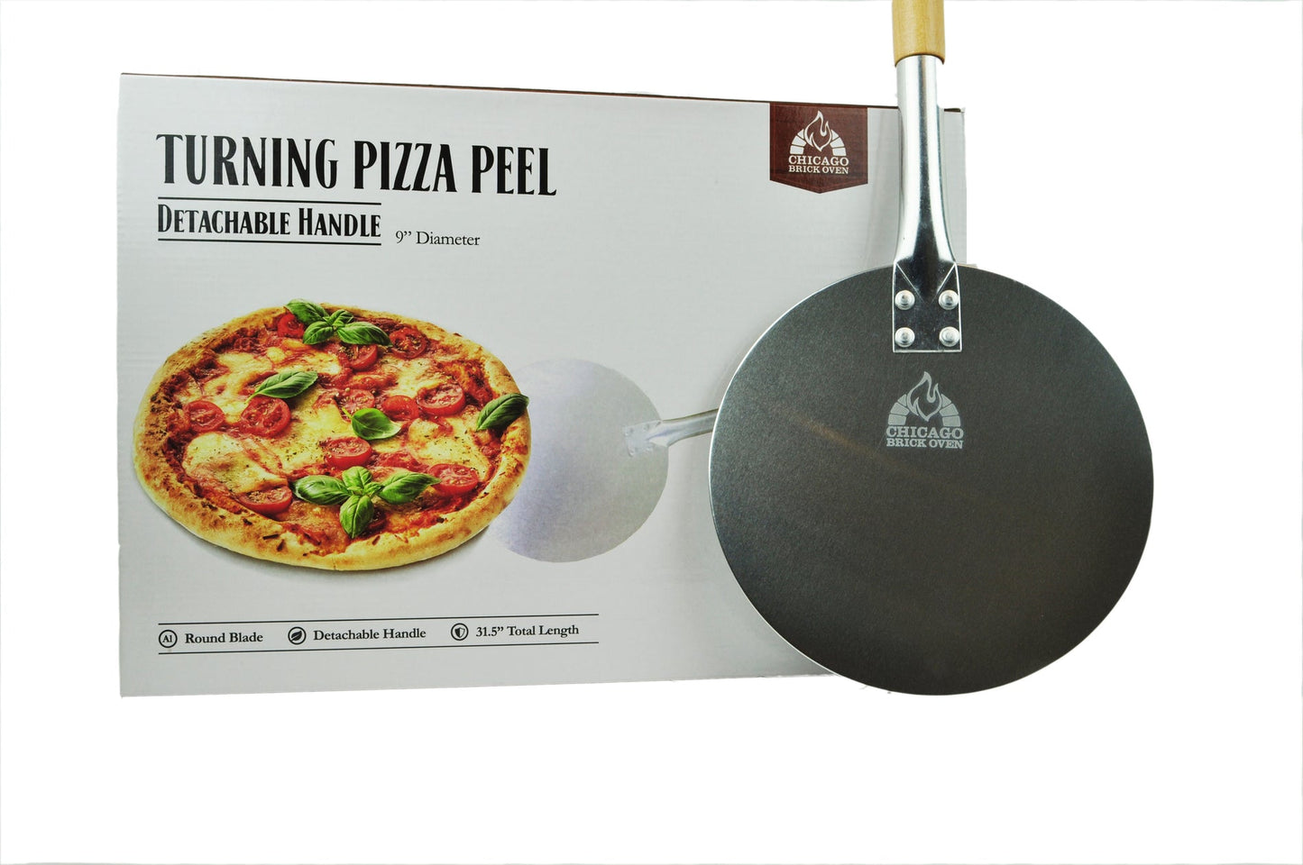 CHICAGO BRICK OVEN ALUMINUM PIZZA PEEL - TURNING PIZZA PADDLE WITH LEATHER STRAP AND DETACHABLE WOOD HANDLE - BAKEWARE & PIZZA OVEN ACCESSORIES - 9 IN