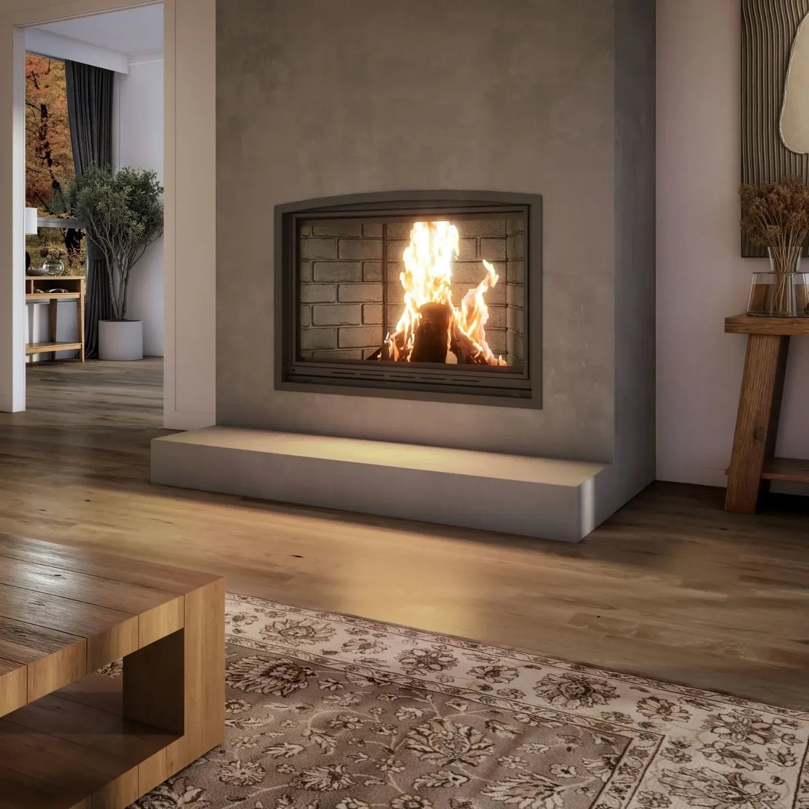 Valcourt Frontenac FP11D Built-in Wood Burning Fireplace, Modern Indoor Fireplace with Classic brick liner and a classic trim in a modern living room with visible burning flame. Mid century Fireplace, Modern hearth fireplace. This product is similar to Superior 36-Inch Radiant Wood Burning Fireplace, Napoleon High Country 8000 Wood Burning Fireplace NZ8000, Majestic Biltmore 36 Inch Wood Burning Fireplace, Heat & Glo Exclaim 50′′ Wood Fireplace.