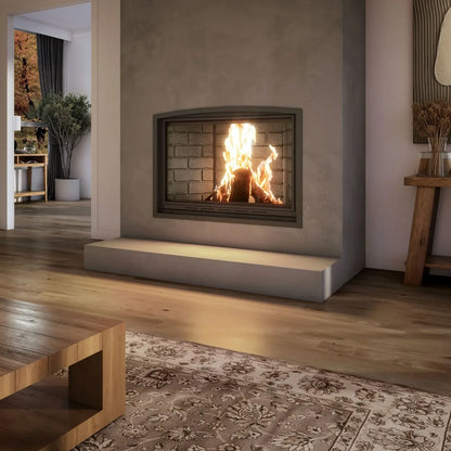 Valcourt Frontenac FP11D Built-in Wood Burning Fireplace, Modern Indoor Fireplace with Classic brick liner and a classic trim in a modern living room with visible burning flame. Mid century Fireplace, Modern hearth fireplace. This product is similar to Superior 36-Inch Radiant Wood Burning Fireplace, Napoleon High Country 8000 Wood Burning Fireplace NZ8000, Majestic Biltmore 36 Inch Wood Burning Fireplace, Heat & Glo Exclaim 50′′ Wood Fireplace.