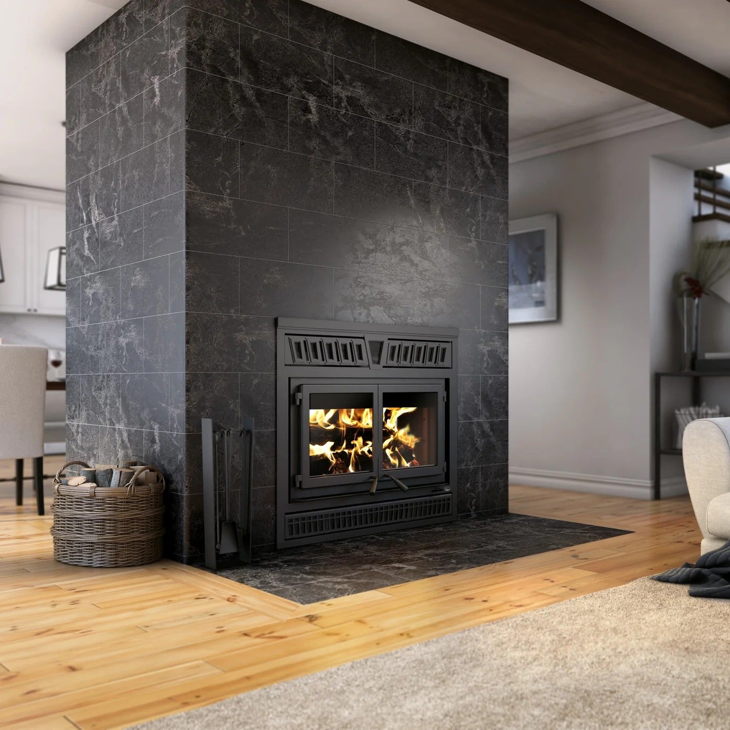Valcourt Waterloo wood burning wall built-in fireplace with visible wood burning flame in a modern living room, 95,000 BTU/h High efficiency modern indoor wood fireplace with 1,000 -2,800 square feet heating area. Lab tested fireplace and this fireplace is similar to, Valcourt Dallaire II Wood Burning Fireplace fp18r, Osburn Stratford II Wood Fireplace, Napoleon Oakdale Wood Burning Fireplace Insert, True North Tn20 Wood Burning Fireplace Insert, Empire Stove Archway 2300 Wood Burning Insert WB23IN.