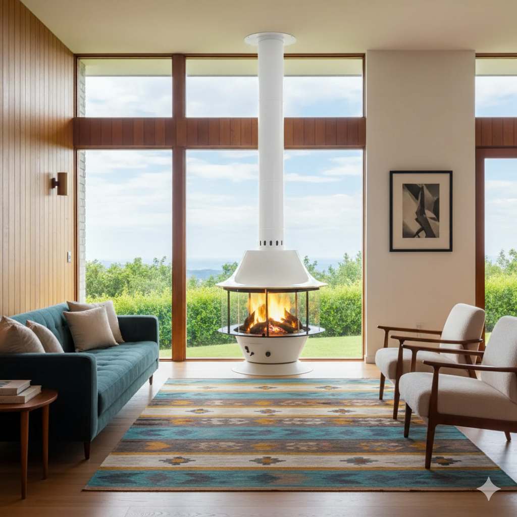 Modern living room with a freestanding fireplace, blue sofa, and striped rug. MCM See Through 360 Glass Floating fireplace Focus Fireplace Bright color fireplace white orange green terra cotta