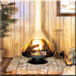 A freestanding Malm Zircon wood burning fireplace with a visible fire, set against a room with wood paneling. Malm Lancer 30 Inch Mid Century Modern Cone Freestanding Wood Burning Fireplace Alternative to Preway Majestic