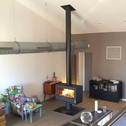 Modern Office Space Heating Wood Stove Stove Bench This black sandblasted steel bench is both modern and practical. It has 4 levelers.  Available in two sizes (39 Inches, 63 Inches) , it allows you to install your Preston, Aaron or Réva stove