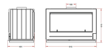 Metric and standard Dimensions for Mid Century Modern Wood Stove. 35.8" Wide.  24" tall and a 7" flue