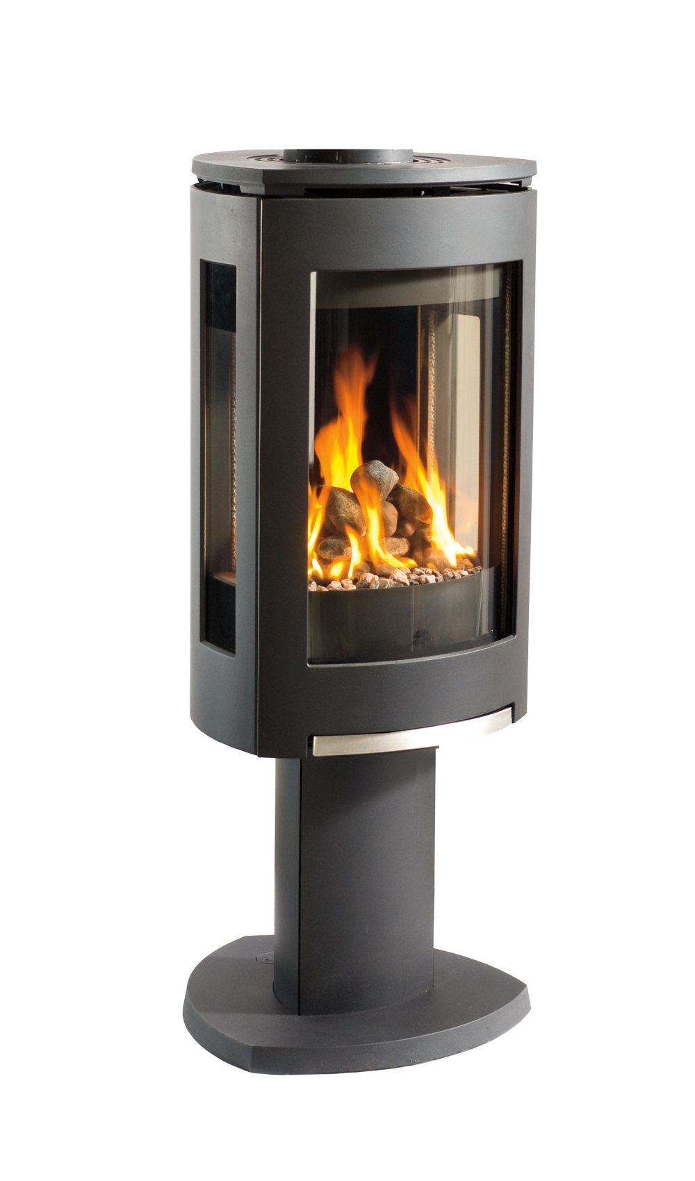 Matte Black Jotul GF 370 DV Freestanding Gas Stove with small rocks and a gas burning flame inside the stove