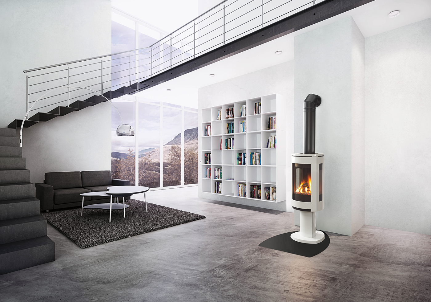 Linen Jotul GF 370 DV Gas Stove with a Matte Black Vent to the wall In a Modern Living room with Book Shelf, White Table and Stairs with a scenic mountain view