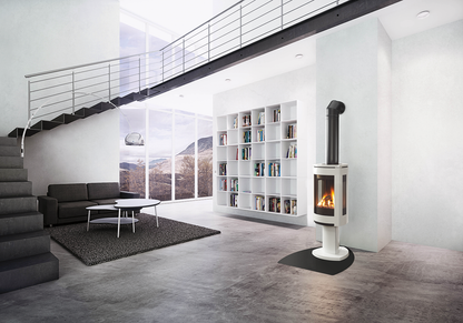 Linen Jotul GF 370 DV Gas Stove with a Matte Black Vent to the wall In a Modern Living room with Book Shelf, White Table and Stairs with a scenic mountain view