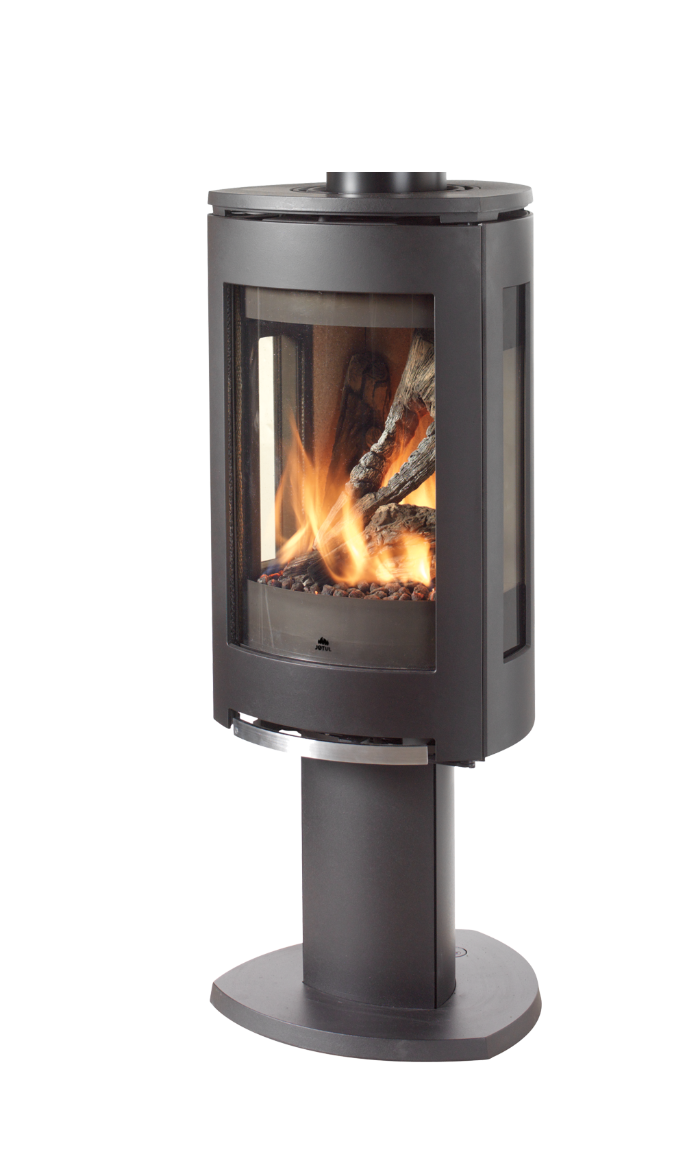 Matte Black Jotul GF 370 DV Freestanding Gas Stove with a burning flame