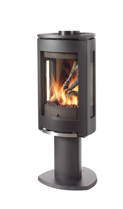 Matte Black Jotul GF 370 DV Freestanding Gas Stove with a burning flame