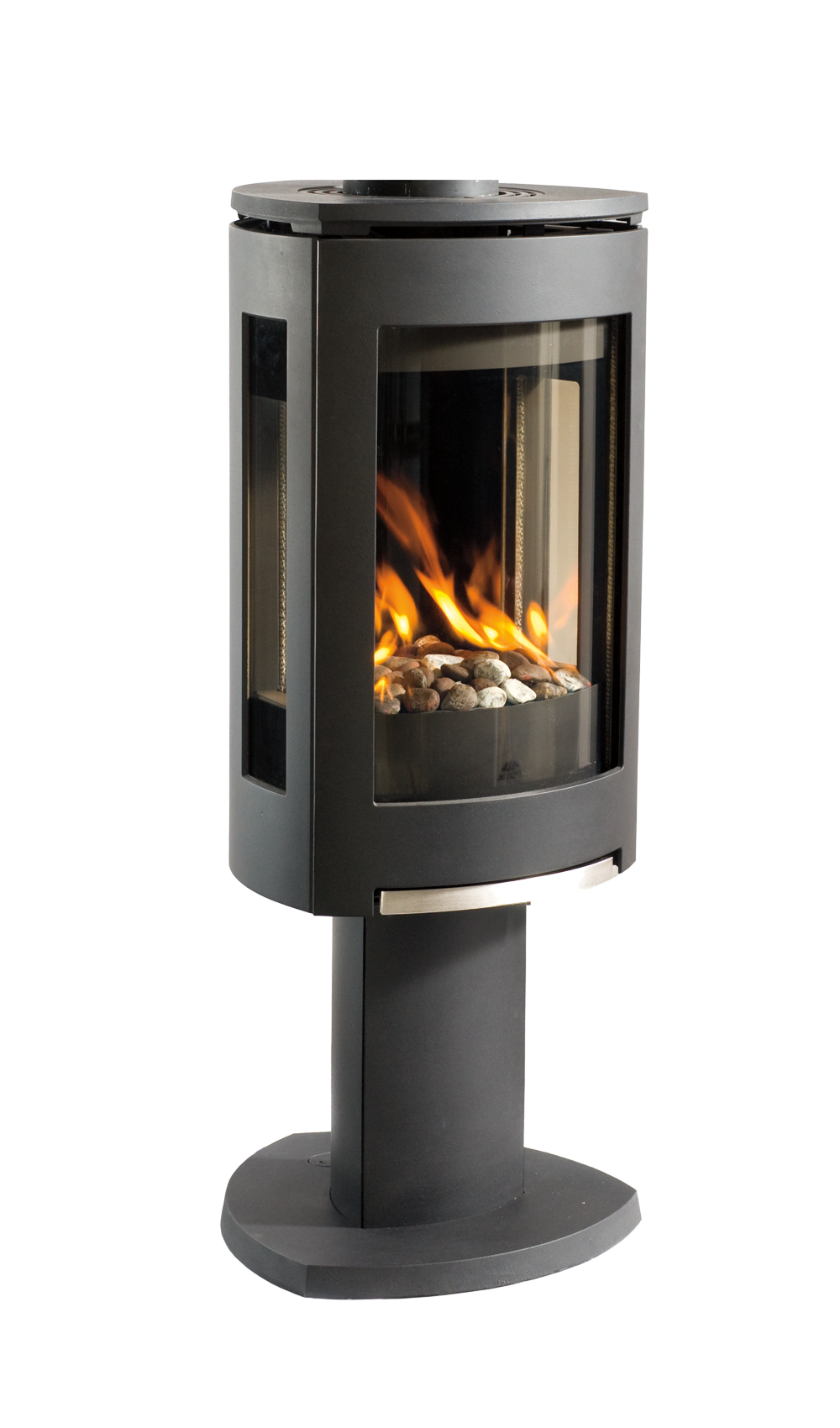 Matte Black Jotul GF 370 DV Freestanding Gas Stove with small rocks and a gas burning flame inside the stove