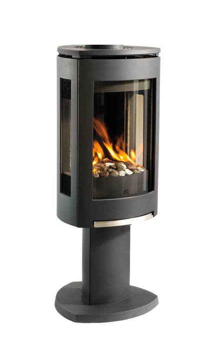 Matte Black Jotul GF 370 DV Freestanding Gas Stove with small rocks and a gas burning flame inside the stove