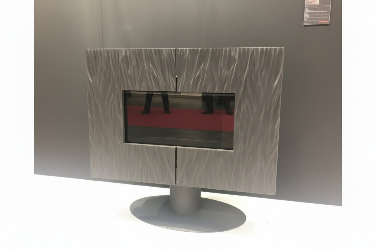 Corner Pedestal French Door Wood burning stove French door Modern Wood Stove- Largest wood burning stove with longer logs than most others Up close Dual Door And Glass covered Wood burning stove with clean burning "Invicta Gaya Ardoise 12kW wood burning stove featuring 8-hour extended burn time and clean glass airwash system." Contemporary designer wood stove; a cast iron alternative to the Focus Grappus or JC Bordelet suspended fireplaces Mid Century Modern Fireplace Invicta Gaya Ardoise modern cast iron w