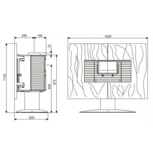 Dimensions in metric for Invicta Clean Burning Wood Stove.  French door Modern Wood Stove- Largest wood burning stove with longer logs than most others Up close Dual Door And Glass covered Wood burning stove with clean burning "Invicta Gaya Ardoise 12kW wood burning stove featuring 8-hour extended burn time and clean glass airwash system." Contemporary designer wood stove; a cast iron alternative to the Focus Grappus or JC Bordelet suspended fireplaces Mid Century Modern Fireplace Invicta Gaya Ardoise moder