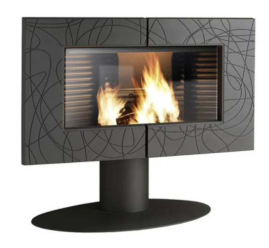 Invicta Symphonia 40" Cast Iron Wood Burning Stove Brand/Product: Invicta Symphonia, Symphonia 6112-44, French-made cast iron stove.
Sunburst pattern, Rhythmic fascia, Mid-century modern (MCM) wood stove, Circular fireplace design, Anthracite finish.
Post-combustion technology, Airwash system (for clean glass), 8-hour extended burn, High-efficiency heating.
Competitor Benchmarks: Focus Fireplaces style, Stûv alternative, JC Bordelet quality, Jotul modern series.
Don Bar STUV Invicta Preston Malm MCM Scandi