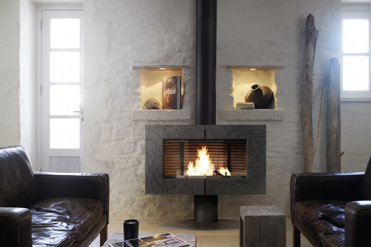 Modern Wood Burning Designer Cast Iron Wood Stove Imported Invicta® Symphonia Cast Iron Wood Burning Fireplace 40" Clean Burning Modern Wood Stove Invicta Symphonia 40" Cast Iron Wood Burning Stove Brand/Product: Invicta Symphonia, Symphonia 6112-44, French-made cast iron stove.
Sunburst pattern, Rhythmic fascia, Mid-century modern (MCM) wood stove, Circular fireplace design, Anthracite finish.
Post-combustion technology, Airwash system (for clean glass), 8-hour extended burn, High-efficiency heating.
Compe