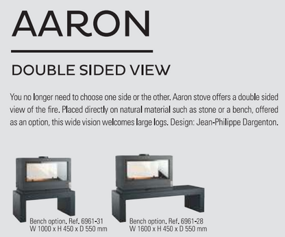 Double Sided Viewing area fireplace with the option to set it on a bench or set the fireplace in the middle of a wall and see though it. no need to choose one side or the other, the Aaron stove offers double sided view of the fire. Placed directly on natural material such as stone or metal bench (offered as an optional Bench in 39 in or 60 in wide benches.  Welcomes large logs and also has storage under the fireplace.