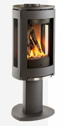 Matte Black Freestanding Jotul DF 370 DV Gas Stove with a 360 degree Gas Burning Flame View in a white background