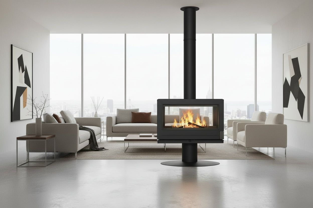 French Made Wood burning Modern Fireplace. This modern fireplace has see through glass panels and massive doors that are the size of the entire wood stove 25" tall and 48" wide 