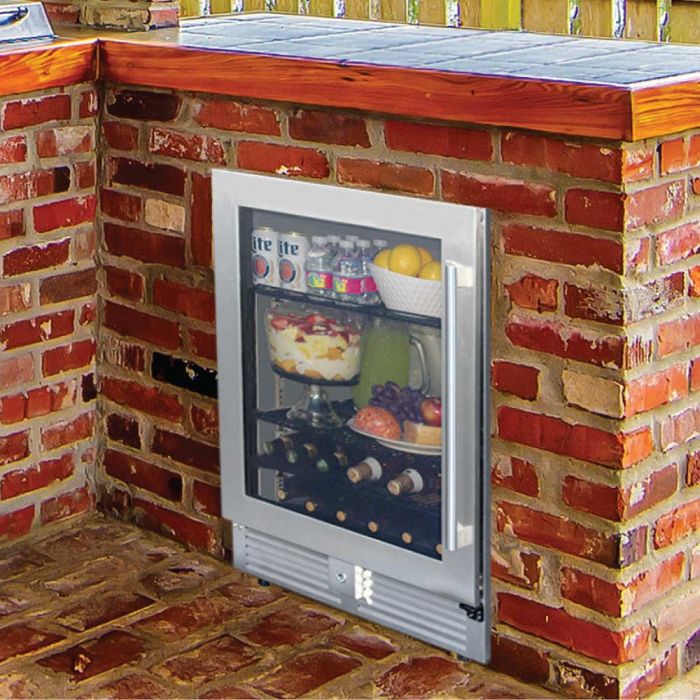 outdoor refrigerator with a lock, with a  glass door. with adjustable racks. Designed specifically for your outdoor ktichen