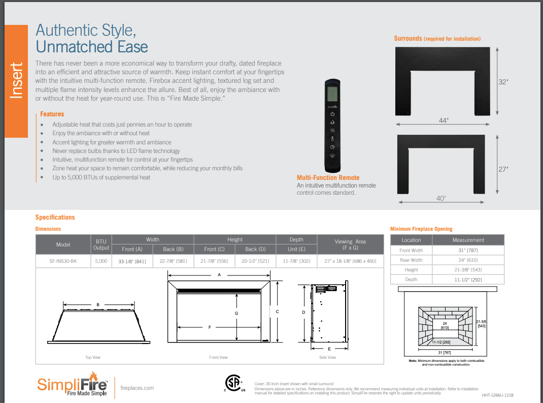 SimpliFire® 30" Electric Fireplace Insert     SF-INS30