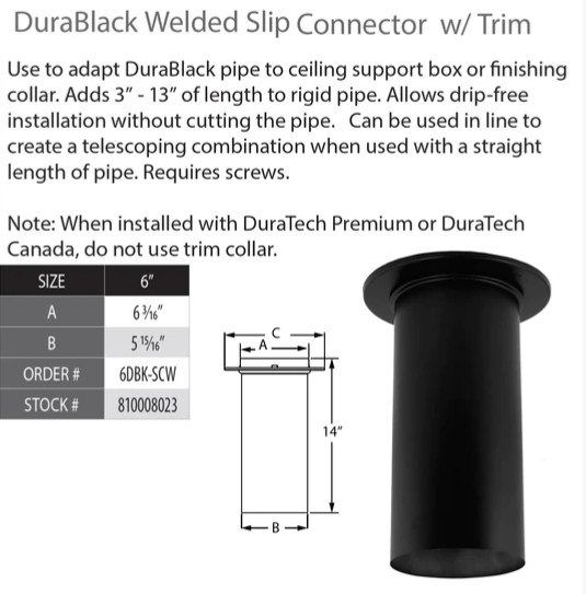 Dura-Black 6DBK-SC Steel Stovepipe Slip Connector with Trim - 6-Inch Diameter