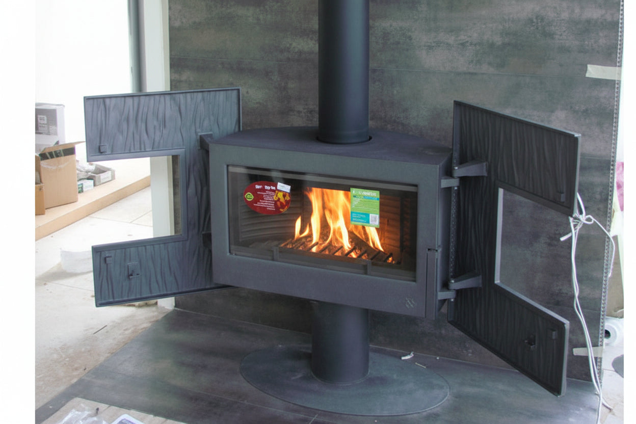 French door Modern Wood Stove- Largest wood burning stove with longer logs than most others Up close Dual Door And Glass covered Wood burning stove with clean burning "Invicta Gaya Ardoise 12kW wood burning stove featuring 8-hour extended burn time and clean glass airwash system." Contemporary designer wood stove; a cast iron alternative to the Focus Grappus or JC Bordelet suspended fireplaces Mid Century Modern Fireplace Invicta Gaya Ardoise modern cast iron wood burning fireplace with an organic slate-tex