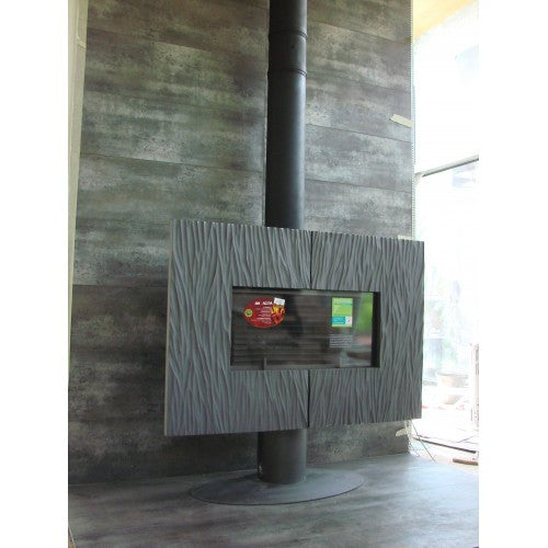 Brand New wood Burning Mid Centruy Modern Clean Burning Wood Stove Up close Dual Door And Glass covered Wood burning stove with clean burning "Invicta Gaya Ardoise 12kW wood burning stove featuring 8-hour extended burn time and clean glass airwash system." Contemporary designer wood stove; a cast iron alternative to the Focus Grappus or JC Bordelet suspended fireplaces Mid Century Modern Fireplace Invicta Gaya Ardoise modern cast iron wood burning fireplace with an organic slate-textured fascia in a minimal