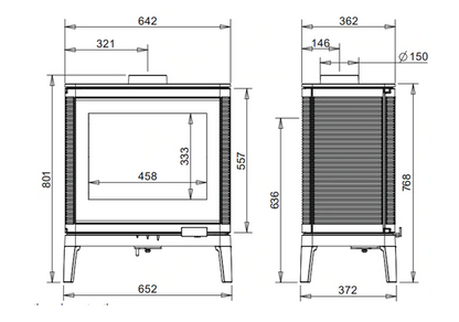 Metric Dimensions for French Imported Wood Burning EPA certified sotve