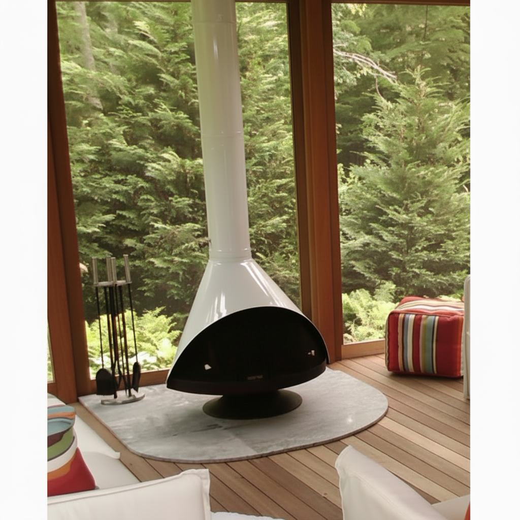 Porcelain Malm Fireplace Mid Century Modern style Brand New Fireplace Mid-century modern black Malm Spin a Fire cone fireplace installed in a living room with floor to ceiling windows.
 Authentic 1970s style Malm Spin a Fire rotating freestanding fireplace with modern hearth decor.
 Retro black conical rotating fireplace by Malm in a minimalist architectural space. Matte black Malm Spin a Fire freestanding conical wood stove rotating 360 degrees in a modern living room.
360 degree pivoting Malm Spin a Fire 