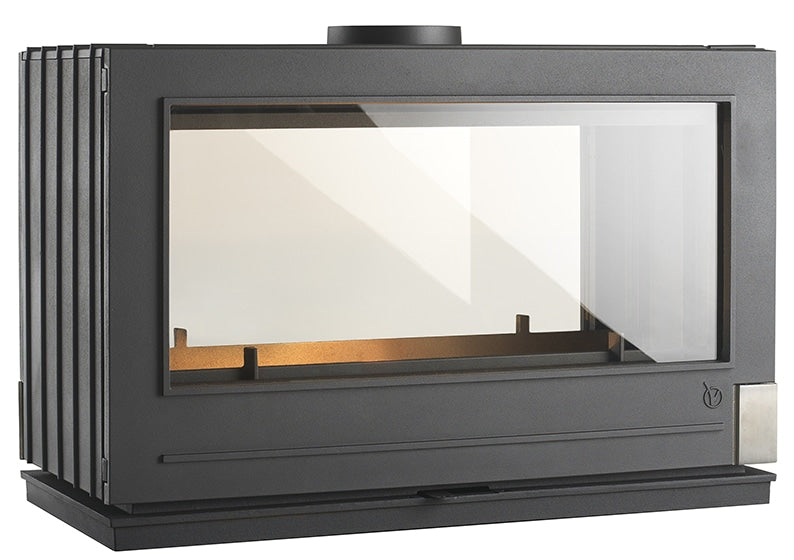 Double Sided Wood Fireplace Modern Style with see through glass and designed for the middle of the room. to heat your entire living area. also great for a bedroom or dividing wall fireplace. French Made by hand. In Stock