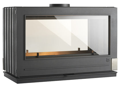 Double Sided Wood Fireplace Modern Style with see through glass and designed for the middle of the room. to heat your entire living area. also great for a bedroom or dividing wall fireplace. French Made by hand. In Stock