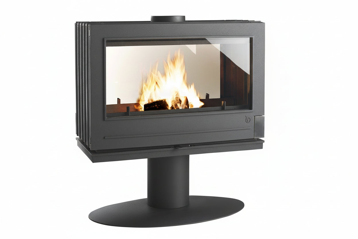 Double sided glass fireplace with see through glass you can have your wood fireplace setup in the center of the room while heating a lot of space. 90,000 BTU center room fireplace is very versatile.  focus invicta modern mcm firepalce stuv JOTUL don bar frnech floating mcm marlm fireplace