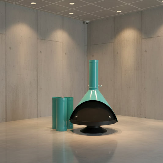 Mid Century Modern MALM bright colors available In Powder Coat by Tiger Coatings Mid-century modern black Malm Spin a Fire cone fireplace installed in a living room with floor to ceiling windows.
 Authentic 1970s style Malm Spin a Fire rotating freestanding fireplace with modern hearth decor.
 Retro black conical rotating fireplace by Malm in a minimalist architectural space. Matte black Malm Spin a Fire freestanding conical wood stove rotating 360 degrees in a modern living room.
360 degree pivoting Malm S